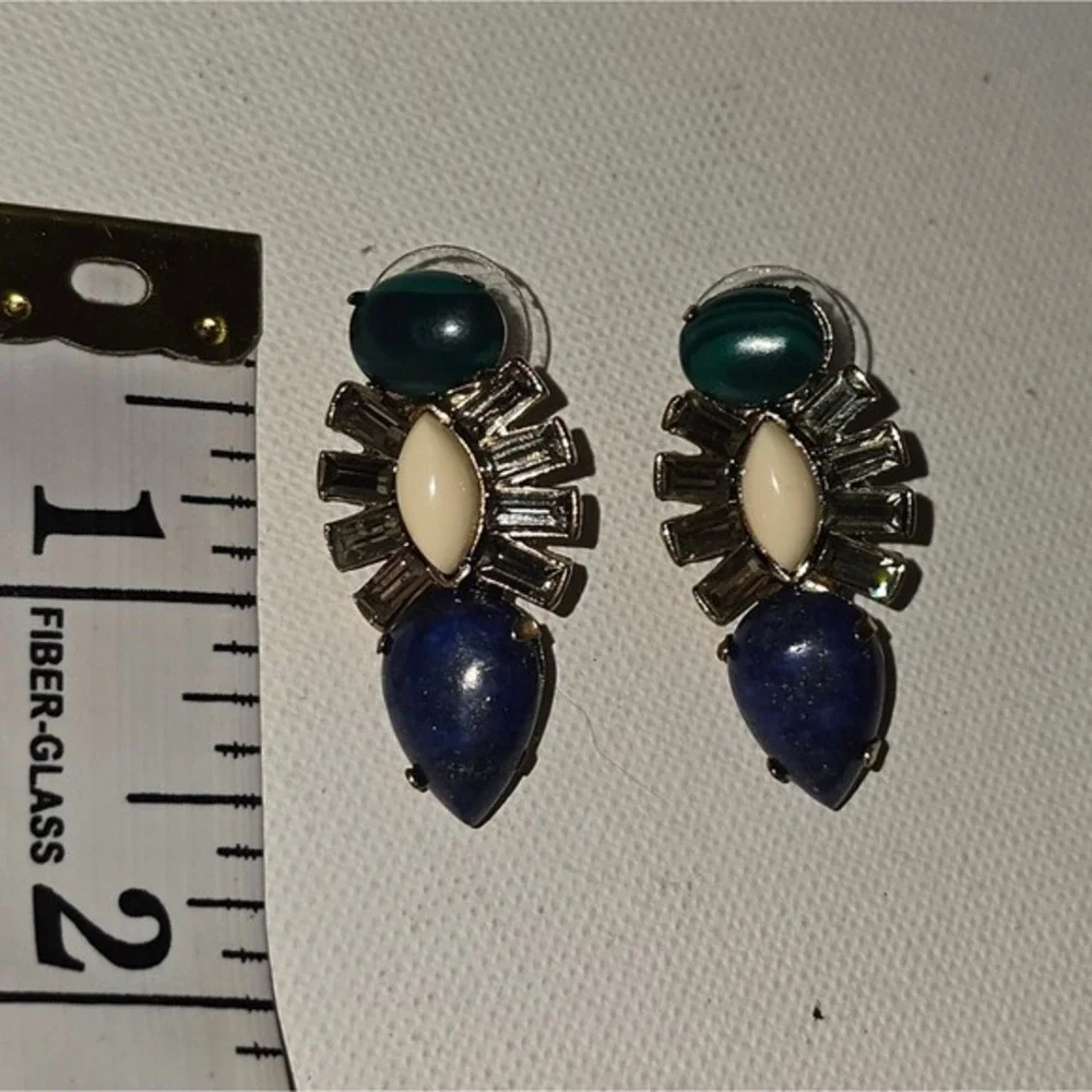 J‎ Crew Blue Green Cream Geometric Statement Drop Earrings Gold Baguette Crystal